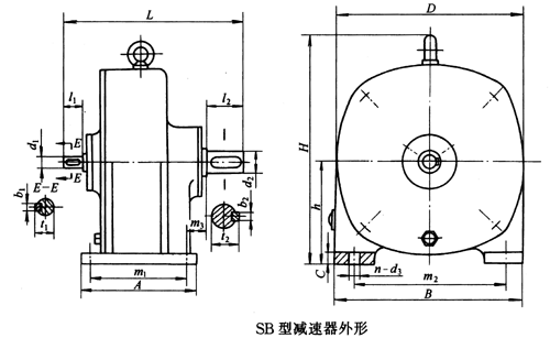 SB系列雙擺線針輪減速機外形及安裝尺寸、針齒中心圓直徑及傳動比