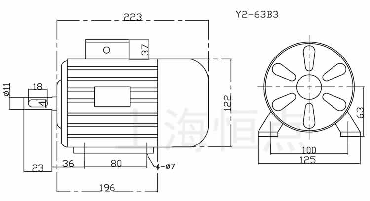 Y263-B3 Y0.18KW-4P圓殼電(diàn)機(jī)尺寸圖