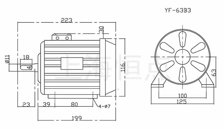 YF63-B3 Y0.18KW-4P方殼電(diàn)機(jī)尺寸圖